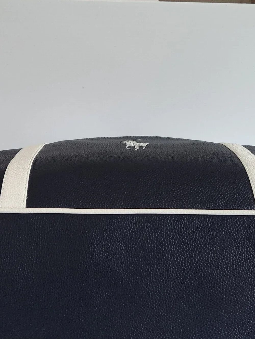 Ralph Lauren Fragrances POLO Duffle Bag Navy Blue White Faux Leather Travel NWT